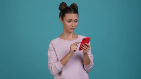 Blogger lady millennial use device network isolated bright color bckground Stock Footage 169082483