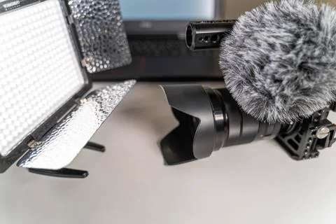 Blogger set on white table Stock Photos