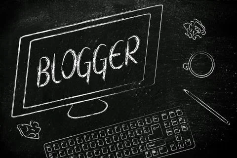 Blogger text on computer screen, desk with keyboard and coffee Stock Illustration