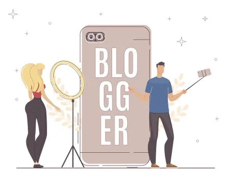 Blogger Use Different Device Smartphone, Light. Stock Illustration