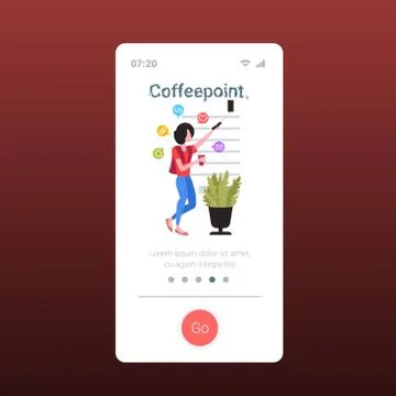 Blogger using cellphone camera on selfie stick woman with coffee taking photo Illustrazione stock
