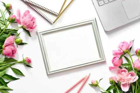 Blogger's background with a frame for a text, view from above Stock Photos