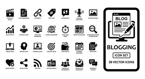 Blogging and content creation solid icon set. Includes symbols for SEO, vlo.. Stock Illustration