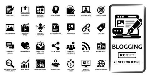 Blogging icon set solid glyph collection. Includes icons for SEO, writing, .. Illustration