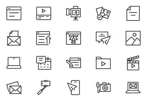 Blogging line icon set. Containing, influencer, content, creation, vlogger,.. Stock Illustration