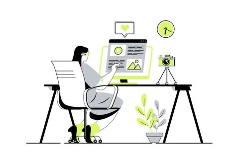 Blogging web concept with flat cartoon people for website design. Woman work  Stock Illustration