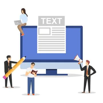 Blogging, writing texts, groups of people write text characters on computer. Illustrazione stock