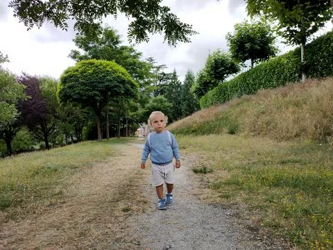Blond boy with briefcase in the park Stock Photos