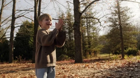 A blond boy cheerfully throws up fallen leaves. Stock Footage 262760351