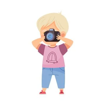 Blond Boy Holding Camera and Taking Photo Vector Illustration Ilustración de archivo