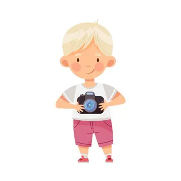Blond Boy Holding Camera and Taking Photo Vector Illustration Ilustración de archivo