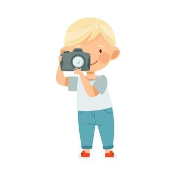 Blond Boy Holding Camera and Taking Photo Vector Illustration Ilustración de archivo