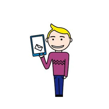 Blond boy with new message on tablet Illustrazione stock