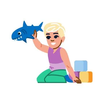 Blond boy playing with plush shark and building blocks Ilustración de archivo