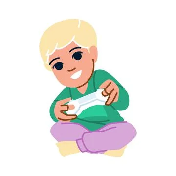Blond boy playing videogames sitting with legs crossed and holding a controll Stock Illustration