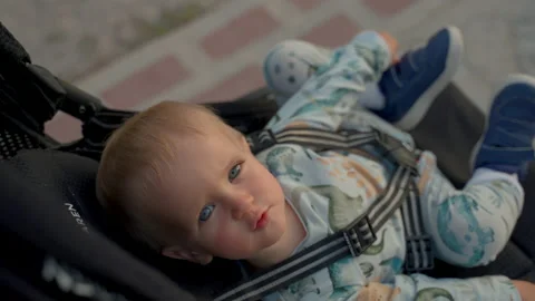 Blond boy rides in stroller fastened with seat belt Stock Footage 196688636