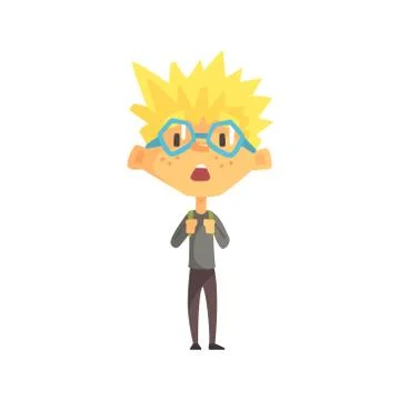 Blond Boy With Spiky Hair And Glasses Surprised, Primary School Kid, Elementary Stock Illustration