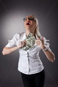 Blond businesswoman hide money under shirt Stock Photos