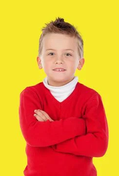 Blond child with red jerse Foto stock
