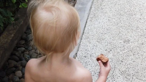 A blond child is walking on the road from the operator Stock Footage 105594596