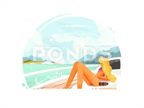 Blond girl relaxing on yacht Stock Illustration