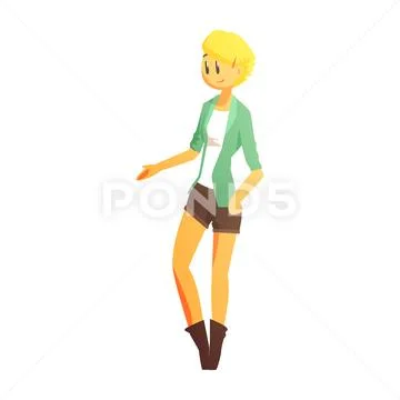Blond Girl In Shorts, Boots And Green Jacket, Young Person Street Fashion Look Stock Illustration