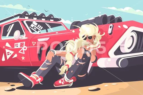 Blond girl sitting near red car Stock Illustrationen