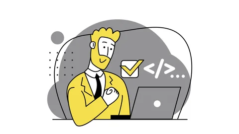 Blond guy programmer. Hand gesture "yes". JavaScript, PHP, HTML. 2d animation. Stock Footage 168565116