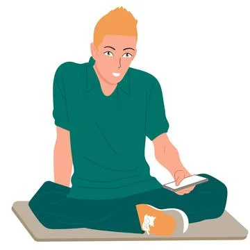The blond guy uses a mobile phone. Vector isolated. Stock Illustration