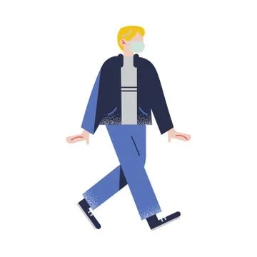 Blond-haired man in blue pants walking with the protective medical face mask Stock Illustration