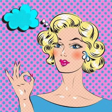 Blond haired pop art comics woman with hand ok vector Stock Illustration