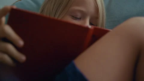 Blond little boy reading a book at home Stock Footage 344690933