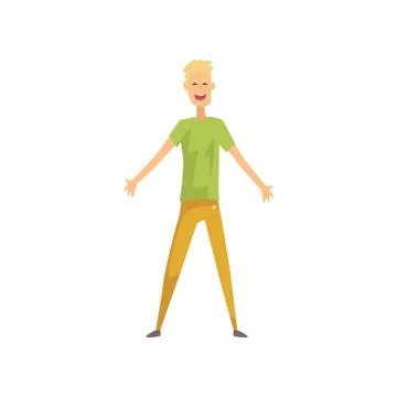 Blond man with cheerful face expression standing isolated on white. Cartoon male Stock Illustration