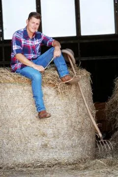 Blond man in jeans sitting on haystack Stock-Fotos