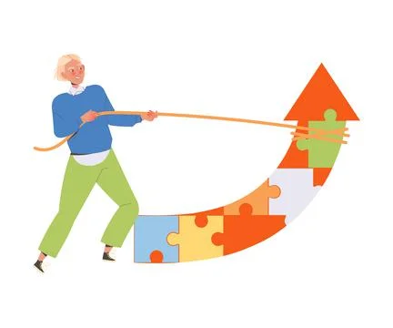 Blond Man Office Employee Pulling Arrow Up Assembled of Jigsaw Puzzle Vector Stock Illustration
