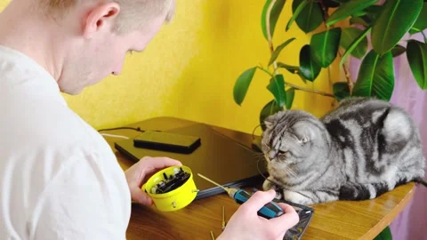 A blond man sits at a table with a screwdriver in his hands and fixes his watch. Stock Footage 150569749