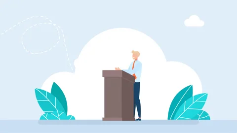 Blond man speaker giving speech at tribune podium. Public speaking presentation Stock Footage 340353932