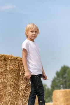 Blond schoolboy standing on haystack. Full-length portrait of boy near the sh Stock-Fotos