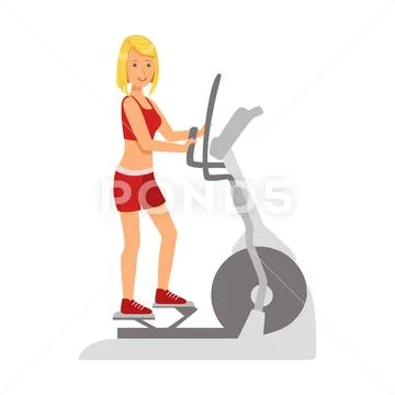 Blond woman working out using elliptical trainer. Colorful cartoon character Stock Illustration