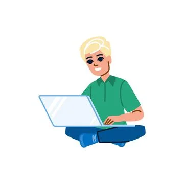 Blond young man working on laptop sitting cross legged Stock Illustration
