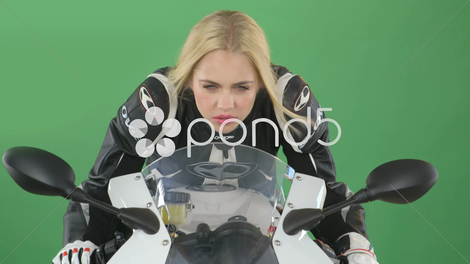 Blonde Biker Girl Leather Outfit Greenscreen No Helmet Wind Blowing 1