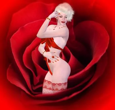 Blonde bombshell on red rose. Stock Illustration