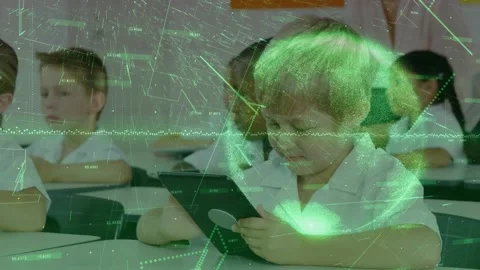 Blonde boy tapping tablet, green overlay forming with wave, grid, globe Stock Footage 329752327