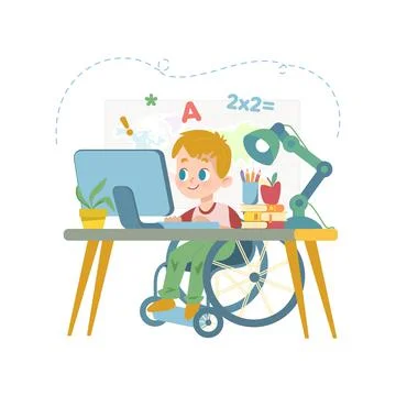 Blonde boy in wheelchair learning at home. Concept of home schooling Illustrazione stock
