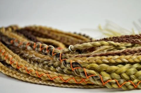 Blonde braids on a gray background at close range Stock Photos