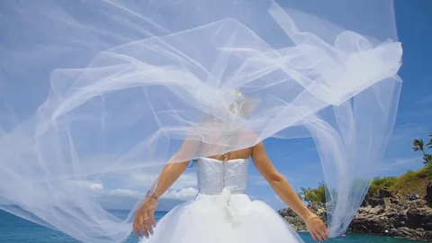 Blonde bride standing on the ocean shore and holding beautiful bridal vail which Stock Footage 101115258