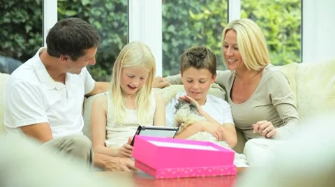 Blonde Caucasian Girl Receiving Birthday Gift Stock Footage