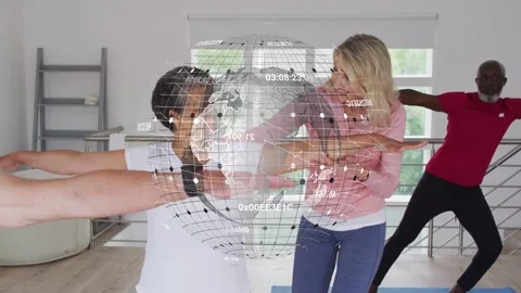 Blonde coach touching forearms, guiding alignment, woman shifting balance, Stock Footage 333287317