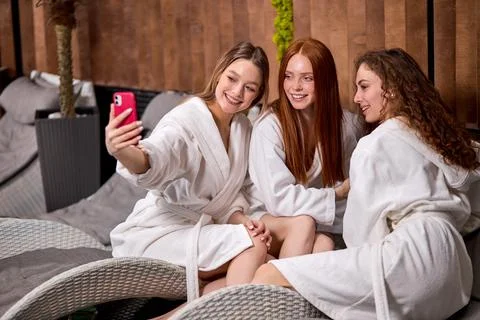 Blonde Female Take Photo Make Selfie With Girlfriends In Spa Center Stock Photos