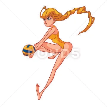 Blonde girl with long hair, in a swimming suit is playing volleyball Stock Illustration